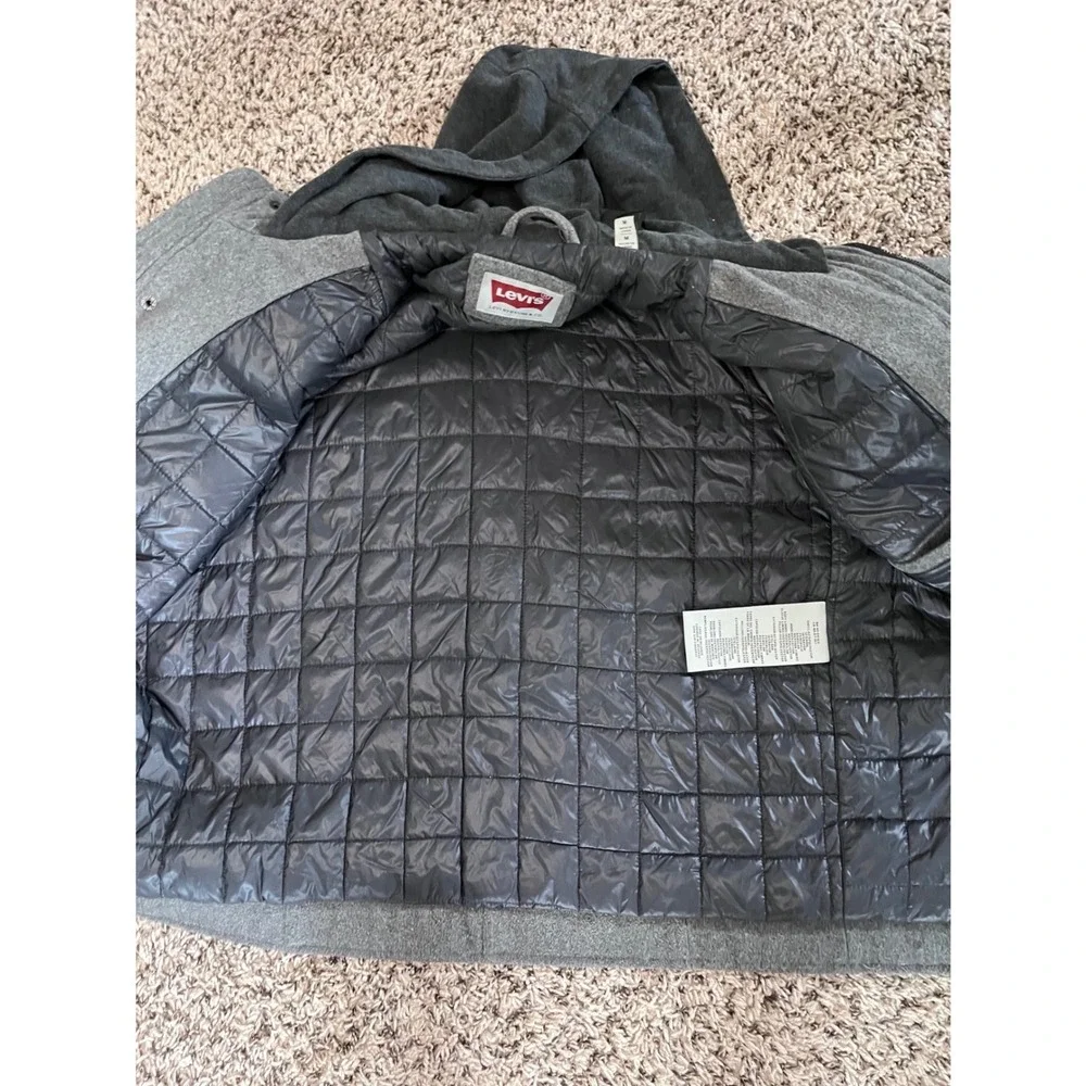 Levis Mens Gray Wool Blend Hooded Military Field Jacket Size M Epaulets Quilted